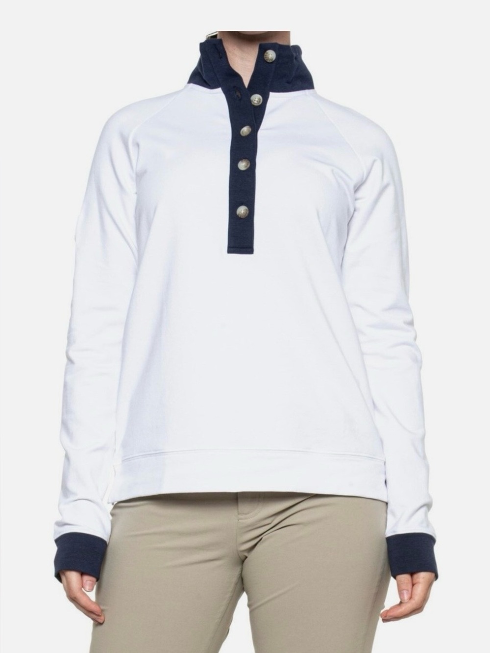 Renwick Golf Women's White & Navy Flag Button Mock Jacket, Size Large